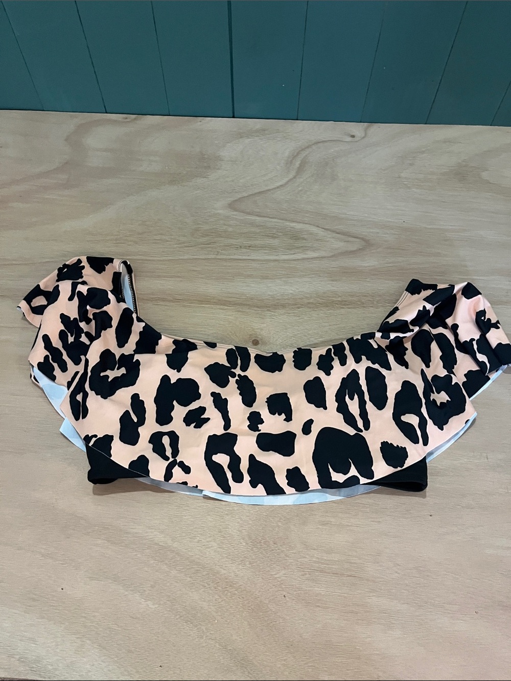 Peach Leopard Off-Shoulder Ruffle Bikini Top